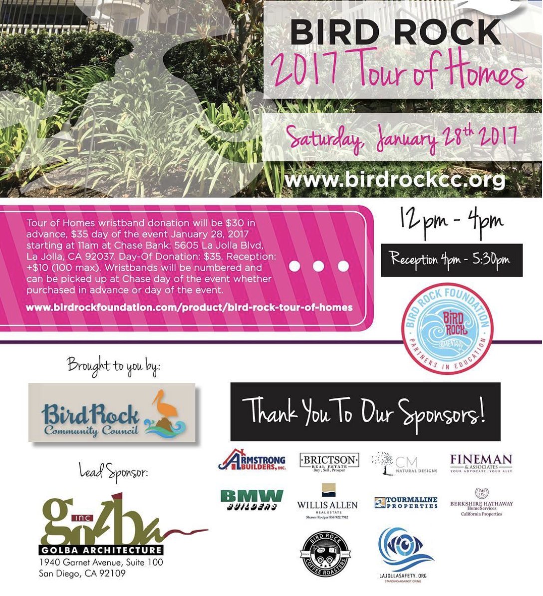 Don't miss the 2017 Tour of Homes! Check in starts at 11 AM at Chase Bank on LJ Blvd. Get the Details: <a href="/BirdRockElem/">Bird Rock Foundation</a> #ProudSponsor #LaJolla