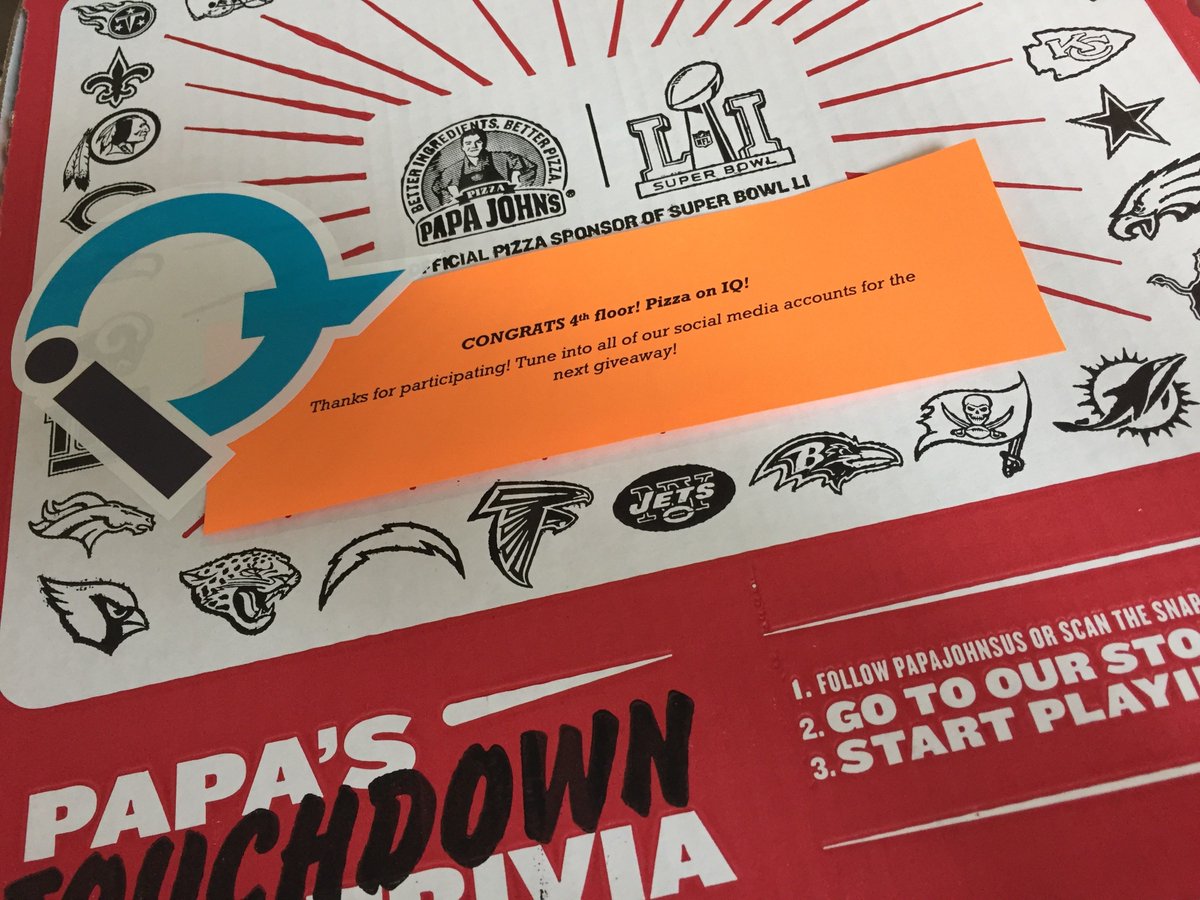 LiveatIQ's tweet photo. Congrats building 1 floor 4! I hope you all enjoy the pizza!
Thank you to everyone who participated! Stay tuned for more! ;)
#LiveatIQ https://t.co/bPDWHUF79L