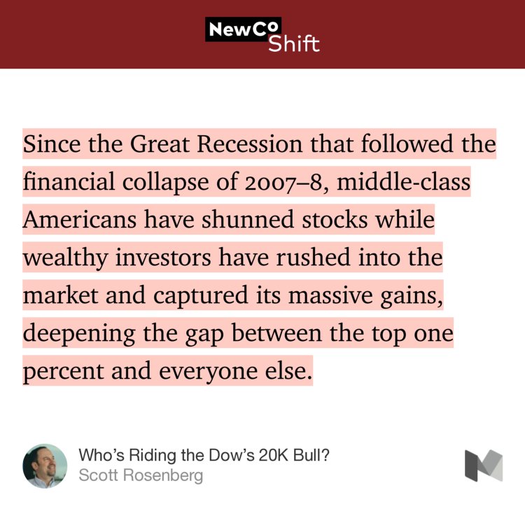 “Since the Great Recession that followed the financial collapse of 2007–8, middle-class Americans have shunned stocks while wealthy investors have rushed into the market and captured its massive gains, deepening the gap between the top one percent and everyone else.…” from “Who’s Riding the Dow’s 20K Bull?” by Scott Rosenberg.