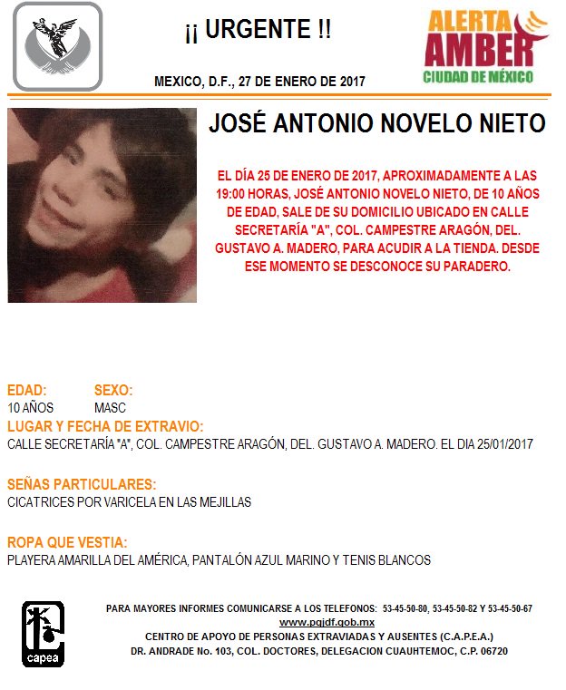 Se pide apoyo para localizar al menor José Antonio Novelo Nieto, de 10 años, extraviado en la del.#GAM; se activa #AlertaAmber