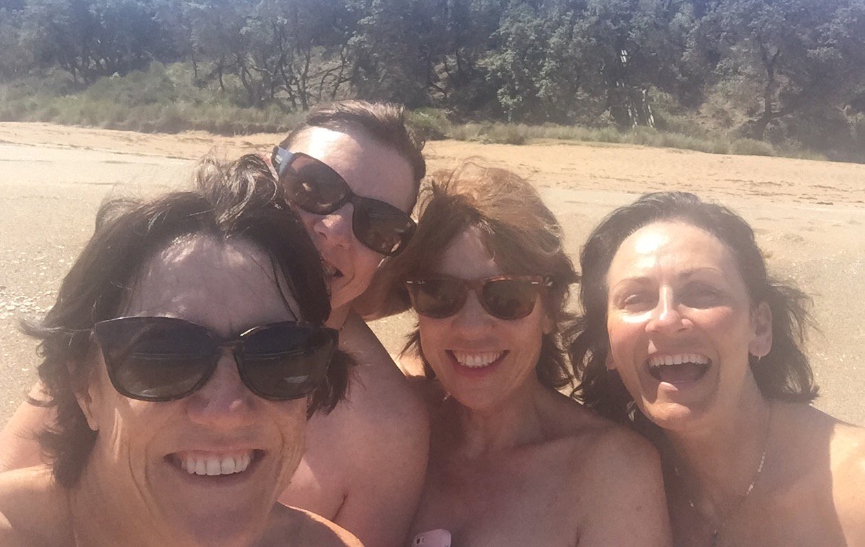 Kathy Lette on X: About to swim at the nudist beach with my 3 sisters. If  we get caught in a rip, it's gonna be an amusing winch up into the rescue