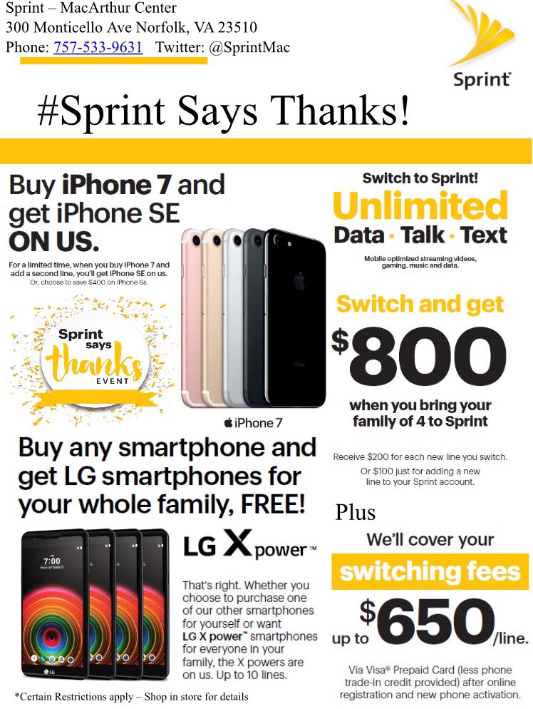 SprintMac's tweet photo. Come get the best deals for #SprintSaysThanks this Saturday @SprintMac stop by! @hbaker077 @addessoj @BkHedl1 @jajones83 @Sprint4DMV https://t.co/OTGqUZvp8v