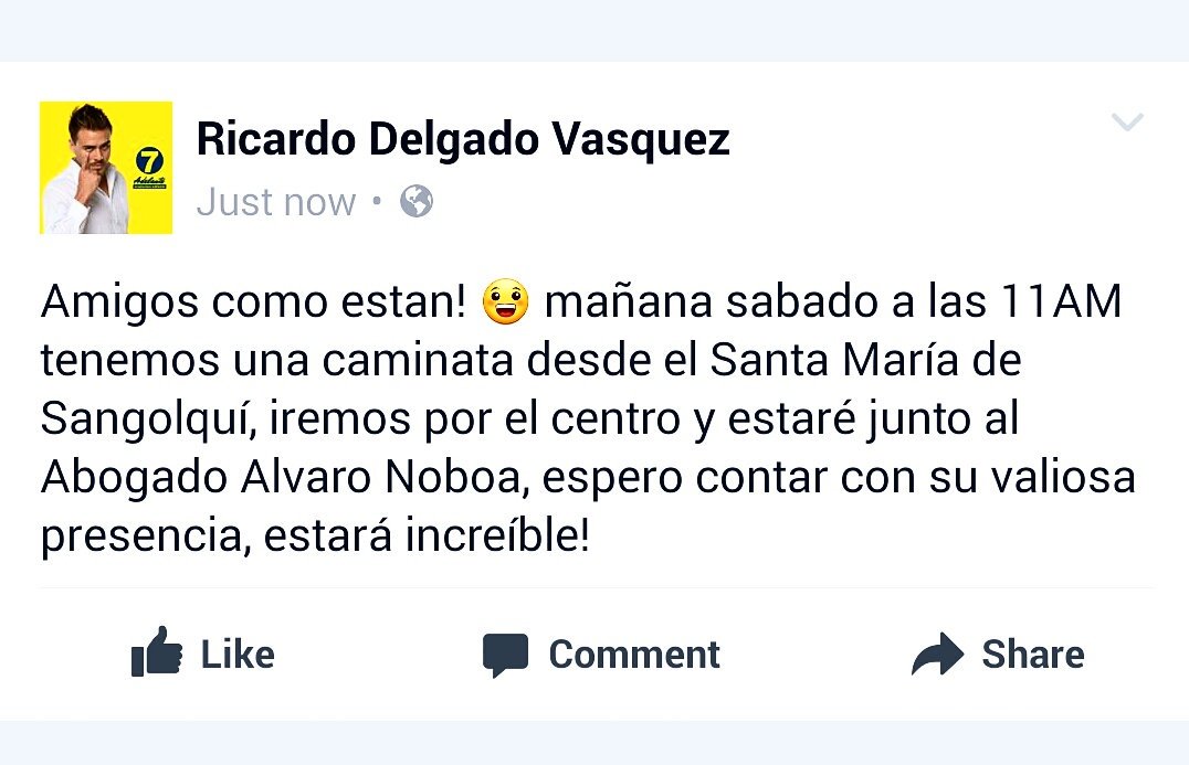 RicardoDelgadoV's tweet photo. Amigos mañana estaré junto al Abogado Alvaro Noboa en Sangolquí en una caminata que comenzará desde el Santa María del Centro a las 11AM. https://t.co/nk8zXEh4MX