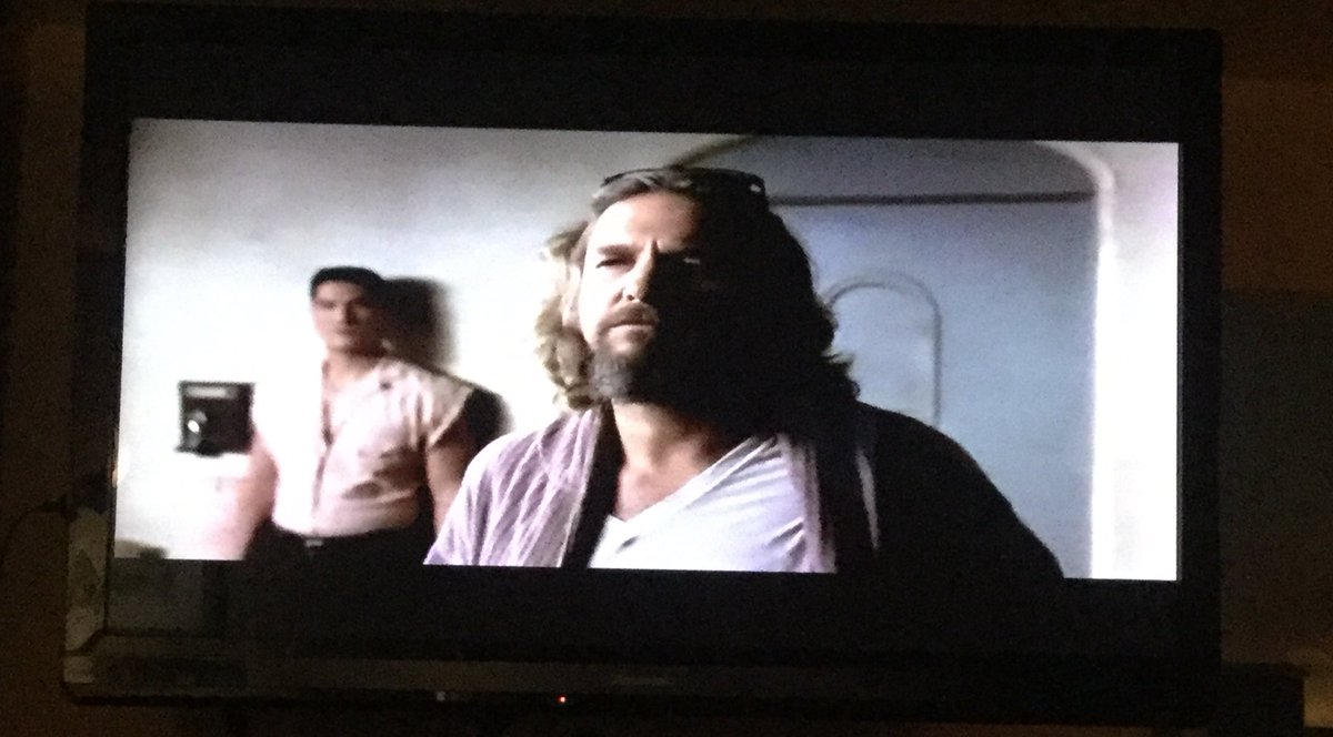 bikehugger's tweet photo. Tired from all that travel, turn on the TV and The Dude is on. #uncheckedaggression #peedonrug https://t.co/hvPdl7u5RF