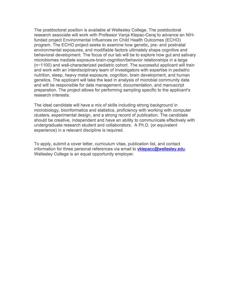 Microbial ecology #bioinformatics #postdoc position at Wellesley College on #gutmicrobiome More info: bit.ly/2kvFS8l Please RT!