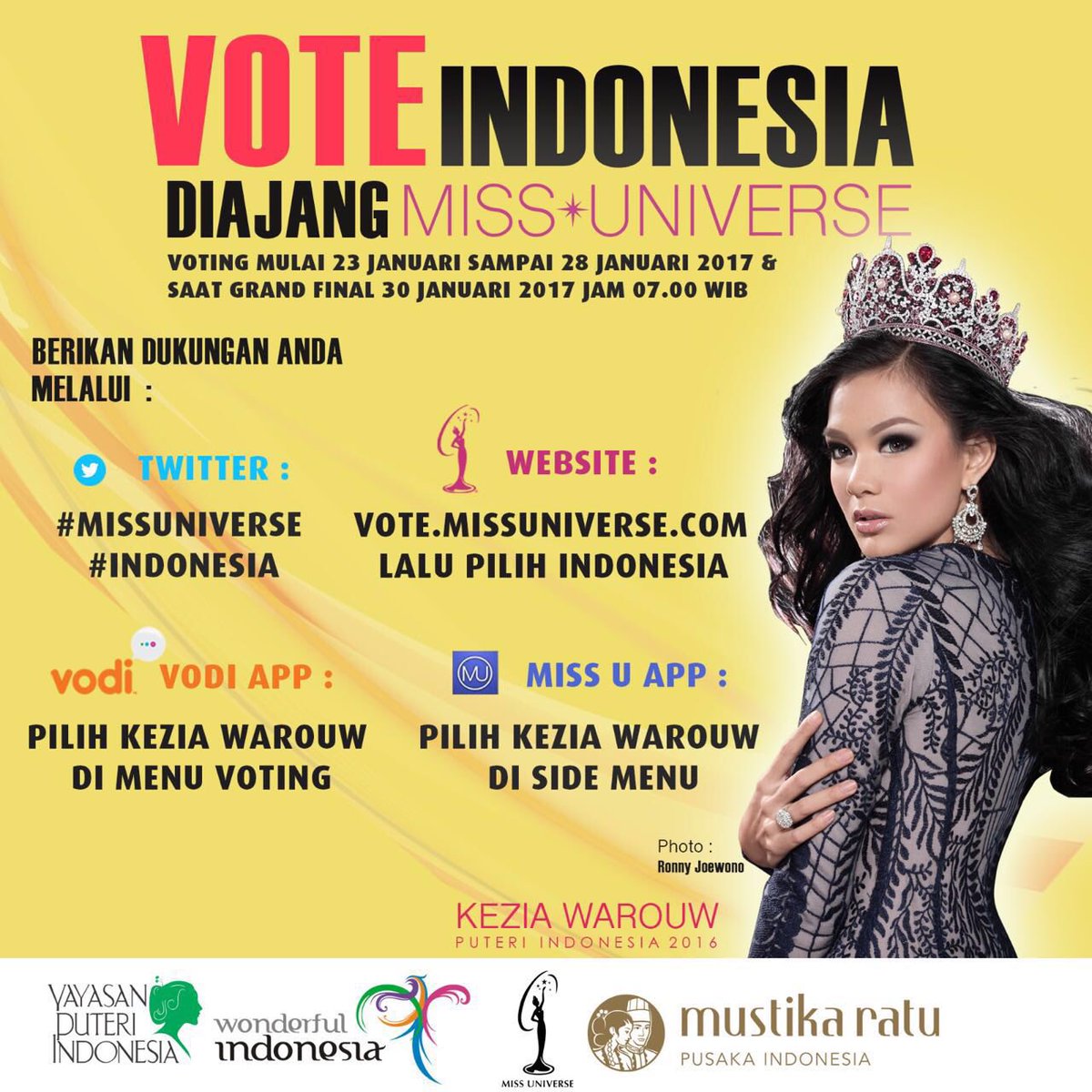 Vote lewat twitter bisa juga dengan RT tweet ini dengan nambahin 2 hashtag ini: #Indonesia #missUniverse