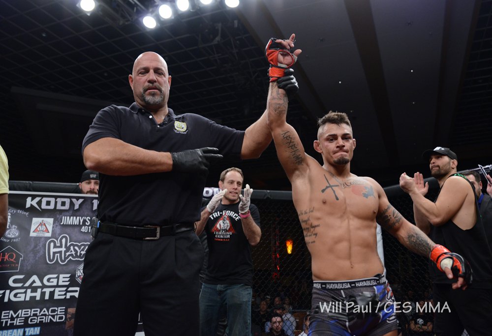 CESMMA's tweet photo. "I'M GOING TO 145!" says @nordby_kody following his second consecutive win and 7th by submission at #CES41 on @AXSTVFights! https://t.co/AcZvax6KQV