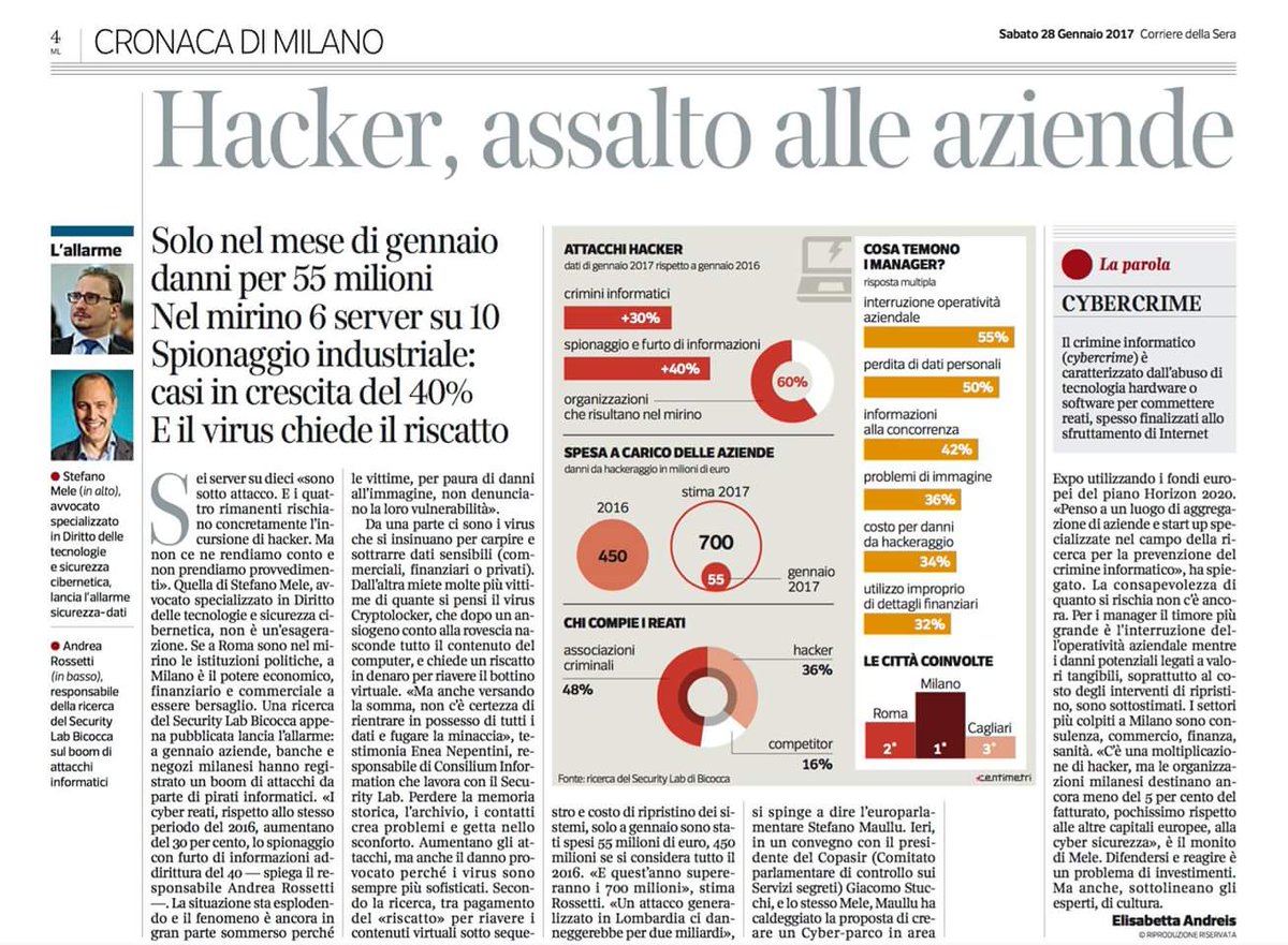 Consilium_Com's tweet photo. Hacker assalto alle #aziende. @unimib @corrieremilano #cybersecurity #BisLab #cybercrime #spionaggio #virus @EneaNep #hacker #milano https://t.co/Yf3YNgBXm0