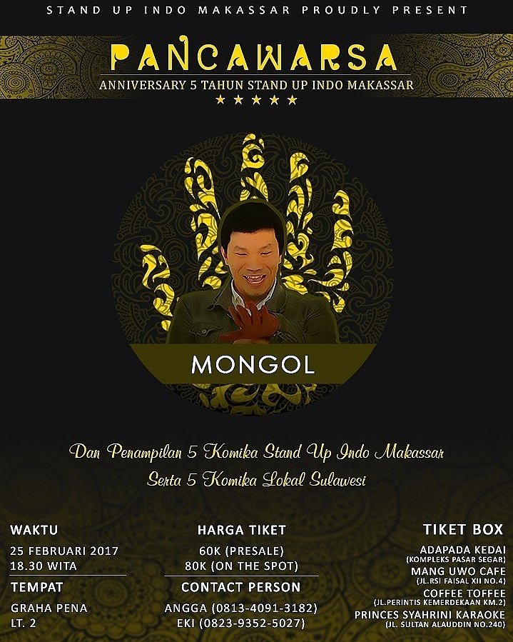 StandUpIndoMKSR's tweet photo. Mimin cuman mau mengingatkan kalau tiket #PANCAWARSA nya tinggal dikit loh buruan sebelum kehabisan info lengkapnya silahkan zoom2 gambar ya https://t.co/8CClcsQsJU