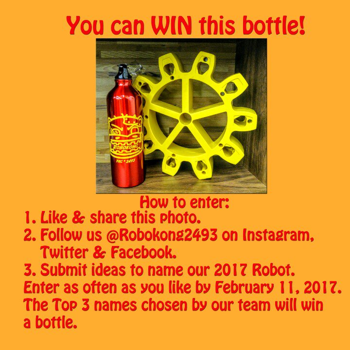 Robokong2493's tweet photo. You can WIN this bottle!
See rules on photo
*G-rated only
#contest #NameOurRobot #robotics #OMGrobots
#FIRSTSteamworks #FIRSTSTEAMworks https://t.co/pkWTxm7ns3