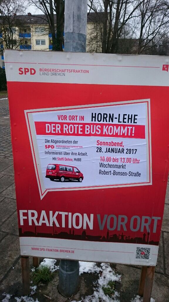 SteffiD's tweet photo. Ab 10 Uhr bin ich mit dem Roten Bus in Horn-Lehe @Bremen #hbbue - Freue mich auf Gespräche! #RoterBus https://t.co/EcHpOBMhpQ