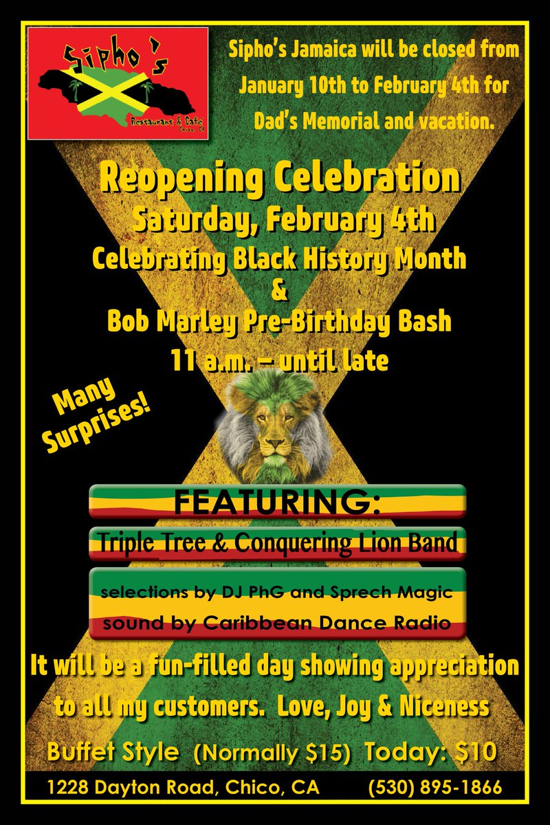 theDJPHG's tweet photo. join us to celebrate #BobMarley BobMarley bday & #BlackHistoryMonth @ Siphos @CaribDanceRadio @TripleTreeMusic #norcal #chicoca #chicostate https://t.co/giQJxxCalx