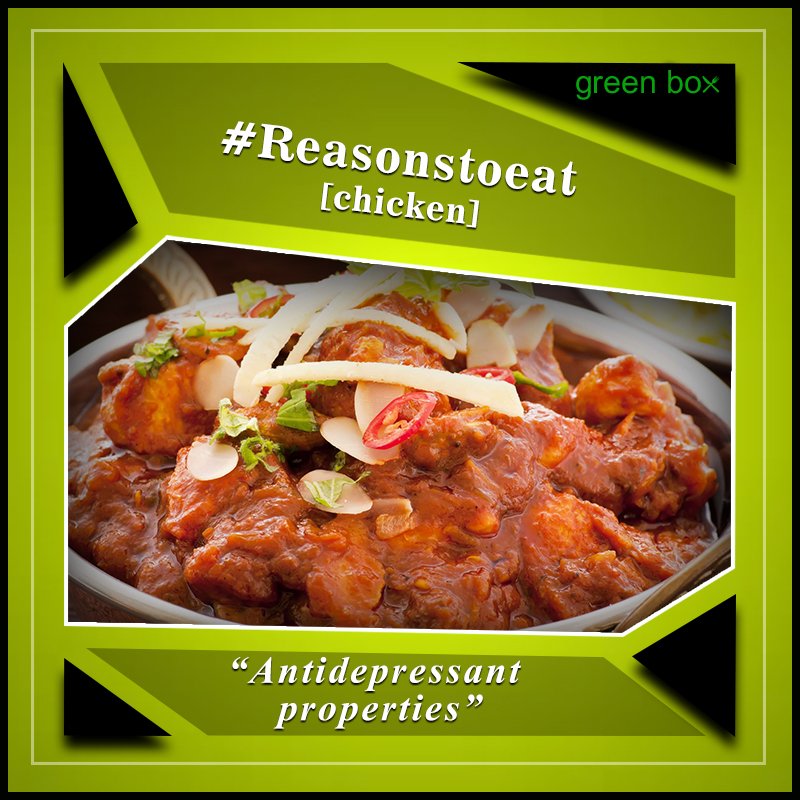 GreenBoxIN's tweet photo. Reasons to eat chicken.
#Greenbox #vashi #Reasonstoeat #chicken #Antidipressantproperties #chickenlovers  #ChickenHour https://t.co/cedcPuMGrn