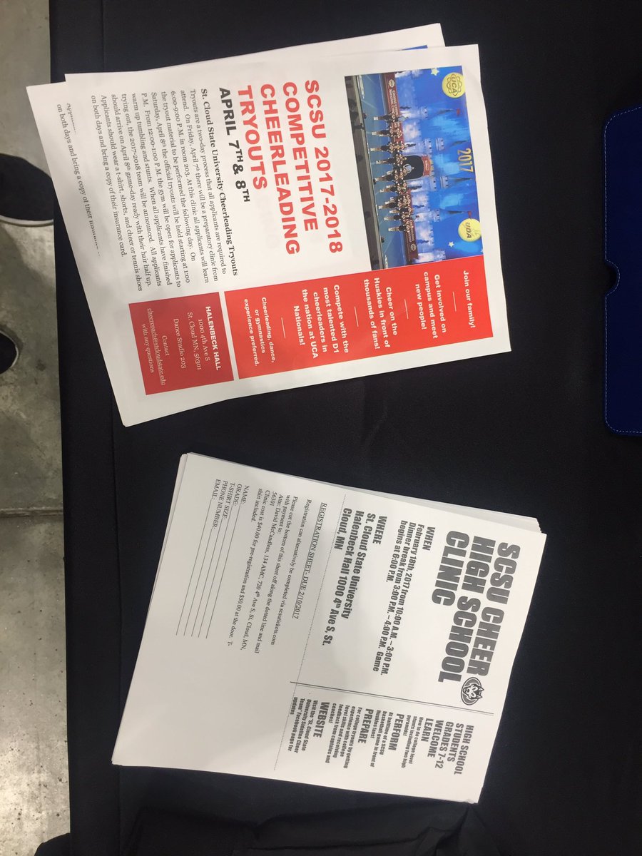 SCSU_Cheer's tweet photo. We are excited to see the talent at the MCCA State competition! Come checkout our table &amp; find out about tryouts &amp; our high school clinic! https://t.co/nWDAo1C8Yo