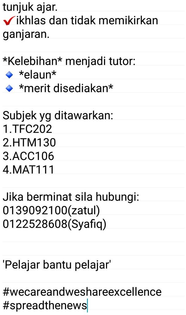 pkauitmt's tweet photo. Viralkan untuk pencarian tutor😁 @pkauitmt @mppuitmtganu @JaieAziz @KolejRedang @ganustudent https://t.co/zTavdK3IKl