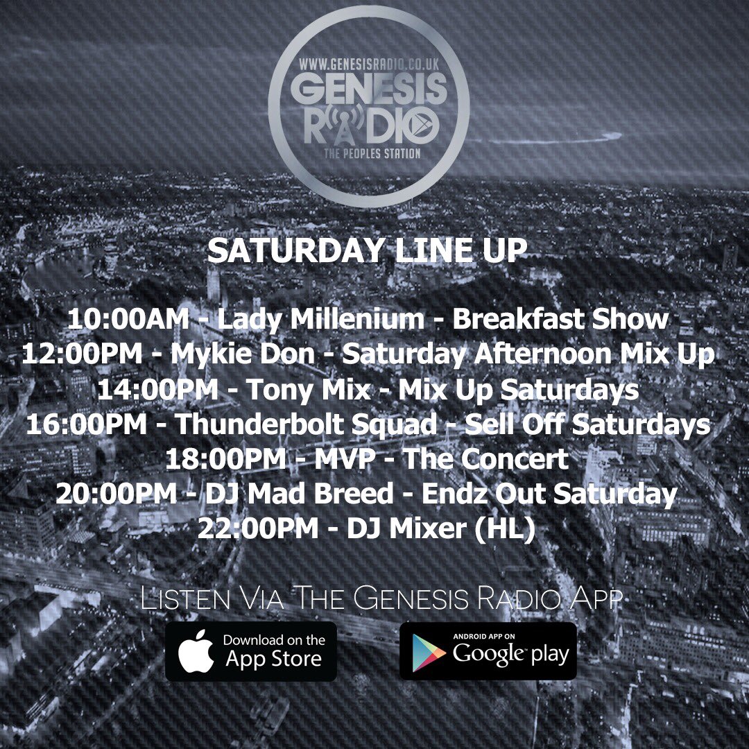 DJ/Presenter Line Up Today.
Listen Via; genesisradio.co.uk | Genesis Radio App (bit.ly/2jp1P7b) | 91.6FM