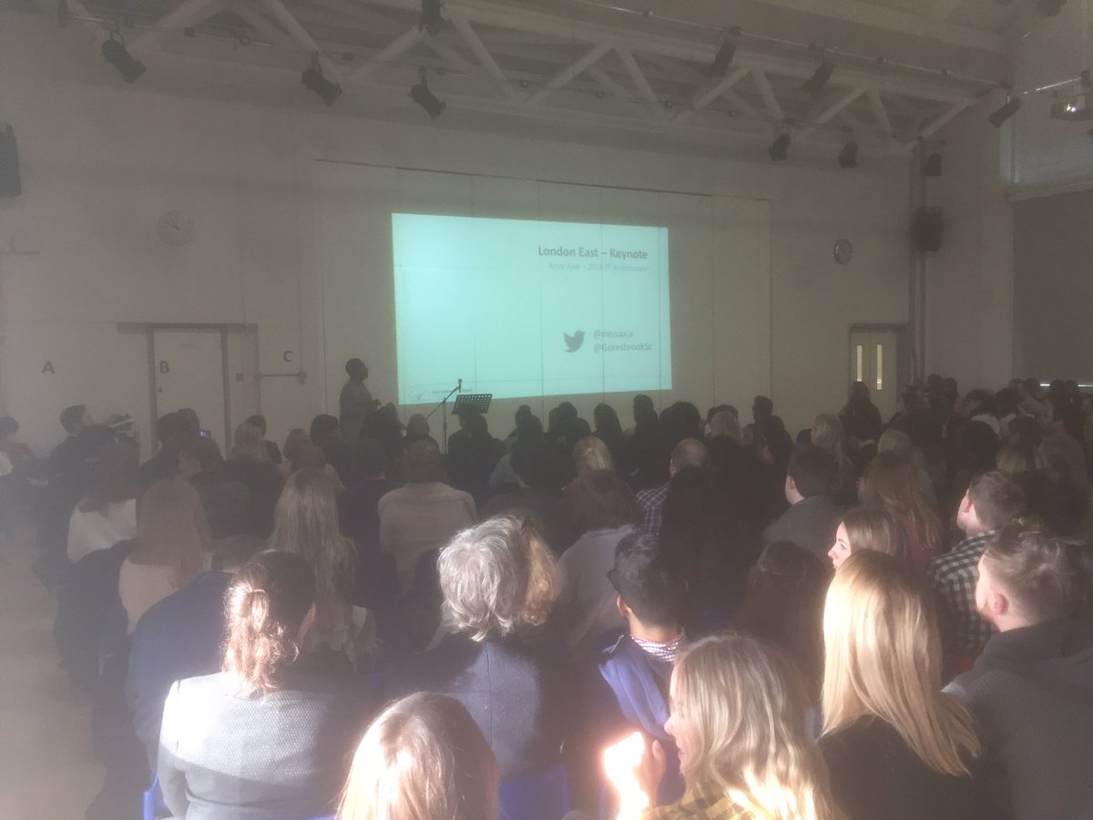 EdwardJames24's tweet photo. Keynote from @missaaja on teaching at @GoresbrookSc to the massed hordes of London East cohort at #TFLDNCONF https://t.co/HtqRN1iKt9