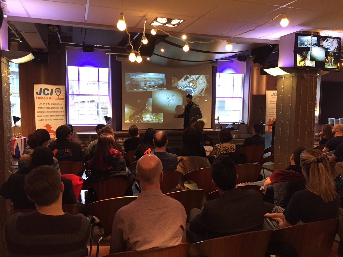 JCI_UK's tweet photo. Our first event has kicked off in #Nottingham with JCI Launchpad. @Dean_R_Lomax tells his story. Dinosaurs & a whole lot more! #jcilaunchpad https://t.co/hpJFcCADNw