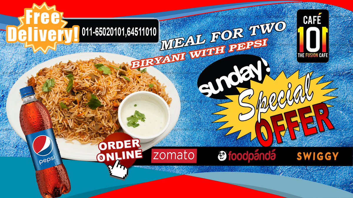 cafe10110's tweet photo. #CAFE101 - SUNDAY OFFER
Veg Biryani + 500ml Pepsi just Rs 150 or Non-veg is Rs200
visit: CAFE101
 #delhi #newdelhi #southcampus #Tbt https://t.co/F5L2Y3iLa5