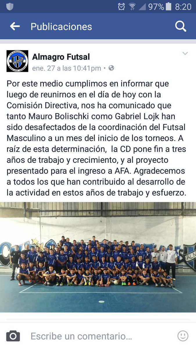 Para que sepan lo que hace  el  presidente de almagro en su club.Por soberbia propia . deja en la calle más de 150 chicos del futsal.