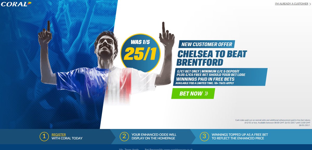 OurFreeBets4U's tweet photo. New Customer Offer - Coral - Get 25/1 on #CFC to beat #BrentfordFC in the #FACup today --> https://t.co/44mgpeX6rM
#Chelsea https://t.co/XgDH1IUlM9