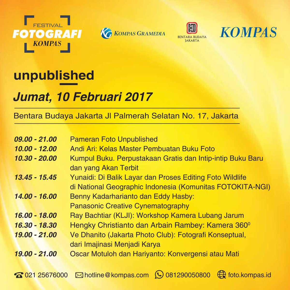 10 feb ada <a href="/arbainrambey/">Arbain Rambey (Opung Gijul)</a> <a href="/eddyhasby/">Eddy Hasby</a> <a href="/KumpulBukuFoto/">Kumpul Buku Foto</a> <a href="/official_KLJI/">KLJIndonesia</a> <a href="/bennykadar/">Benny Kadarhariarto</a> #festivalfotografikompas #kompasunpublished