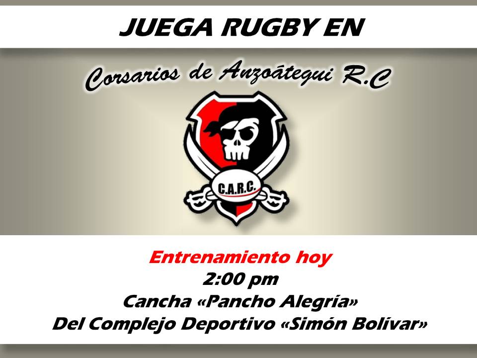 CorsariosARC's tweet photo. Nos vemos hoy a las 2:00 pm, Cancha "Pancho Alegría" del Complejo deportivo "Simón Bolívar" #Rugby #anzoategui #Barcelona #Guanta #depor https://t.co/LSnP1ckYEg