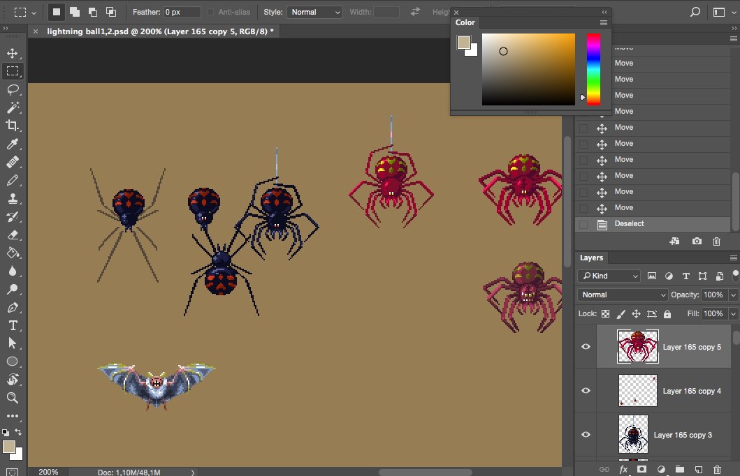 GraveyardMarch's tweet photo. Making a spider. Which color do you think is the best? #indiedev #gamedev #pixelart #retrogaming #indiegame #screenshotsaturday #oldschool https://t.co/ruBqx3qthw