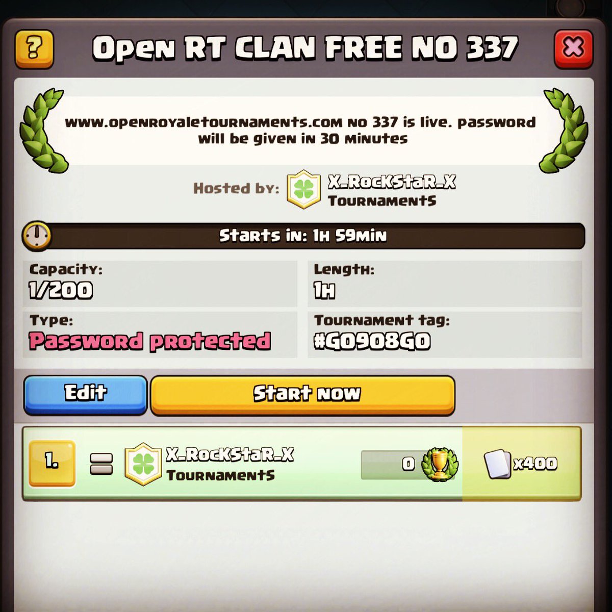 No 337 is live on openroyaletournaments.com you can find easily new tournaments and the passwords #openroyaletournaments #clashroyale