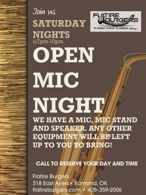flatireburgers's tweet photo. OPEN MIC NIGHT! Listen to great tones or Play great tones with us! #openmicnight #flatireburgers https://t.co/WOtuPUieVE