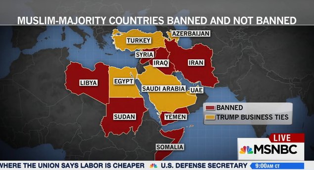 We're watching #AMJoy. @JoyAnnReid just outlined "Muslim Ban" or EO targeting certain countries but not those #Trump org. does business with