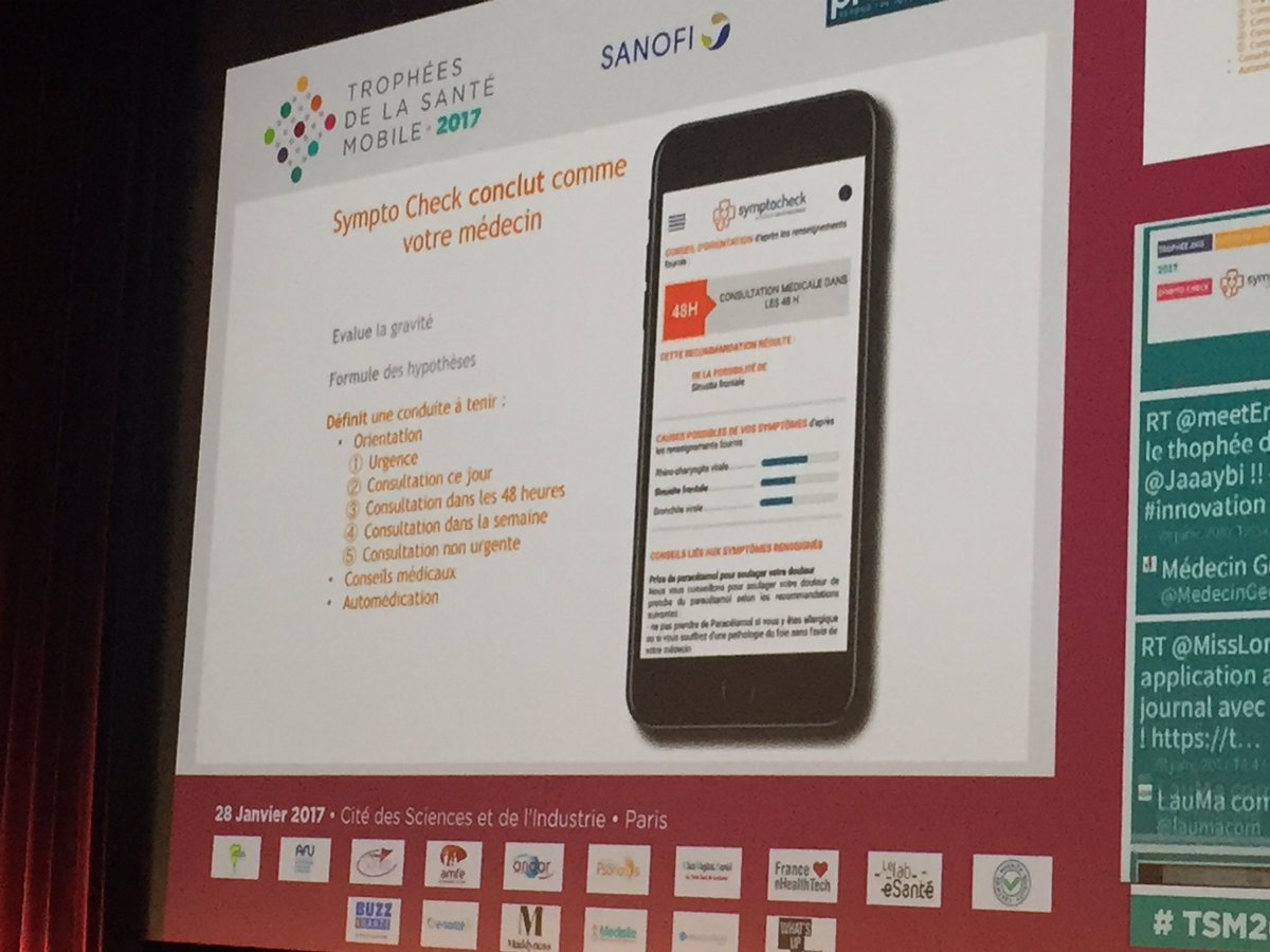 health20Paris's tweet photo. Mobile app is interestingly positioned on fact that it "thinks like a doctor" #symptocheck to analyze symptoms #tsm2017 https://t.co/dfgTDXTxNa