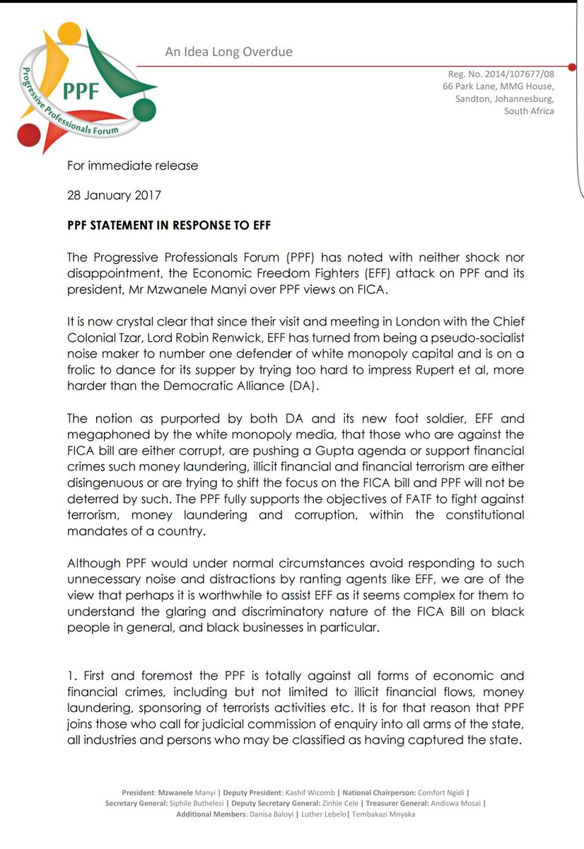 PPF_SA's tweet photo. PPF Statement in Response to EFF. @EFFSouthAfrica @IOL @News24 @The_New_Age @BDliveSA @MzwaneleManyi @eNCA @SABCNewsOnline @SAgovnews https://t.co/sXnkAEoXkI
