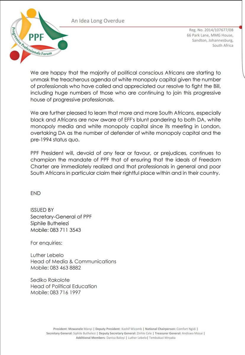 PPF_SA's tweet photo. PPF Statement in Response to EFF. @EFFSouthAfrica @IOL @News24 @The_New_Age @BDliveSA @MzwaneleManyi @eNCA @SABCNewsOnline @SAgovnews https://t.co/sXnkAEoXkI