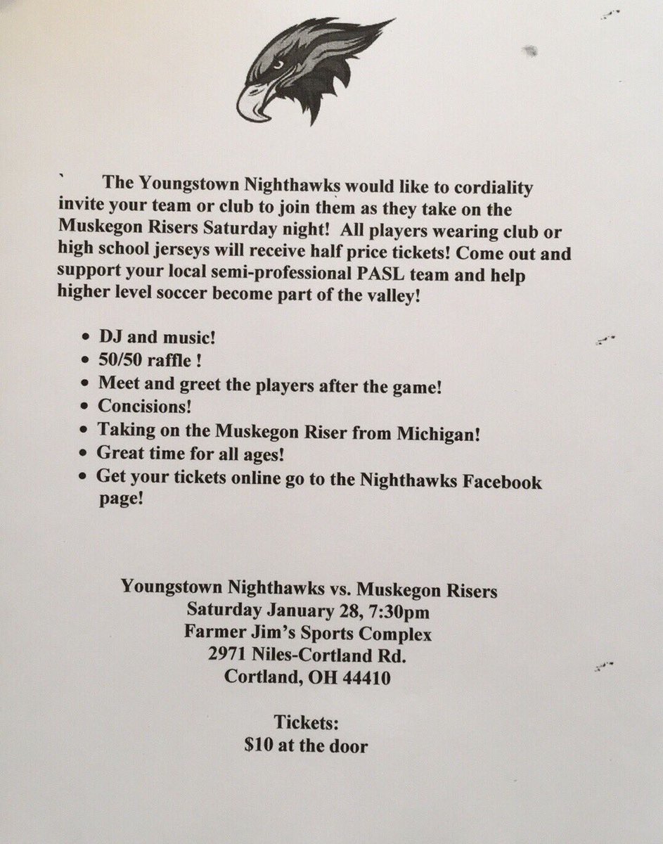 Y_Nighthawks's tweet photo. It's game day Nighthawks fans! Come out and support your local Semi-Pro team as they take on the Risers⚽️ #Pasl #Youngstown https://t.co/1MSpSkqxYh