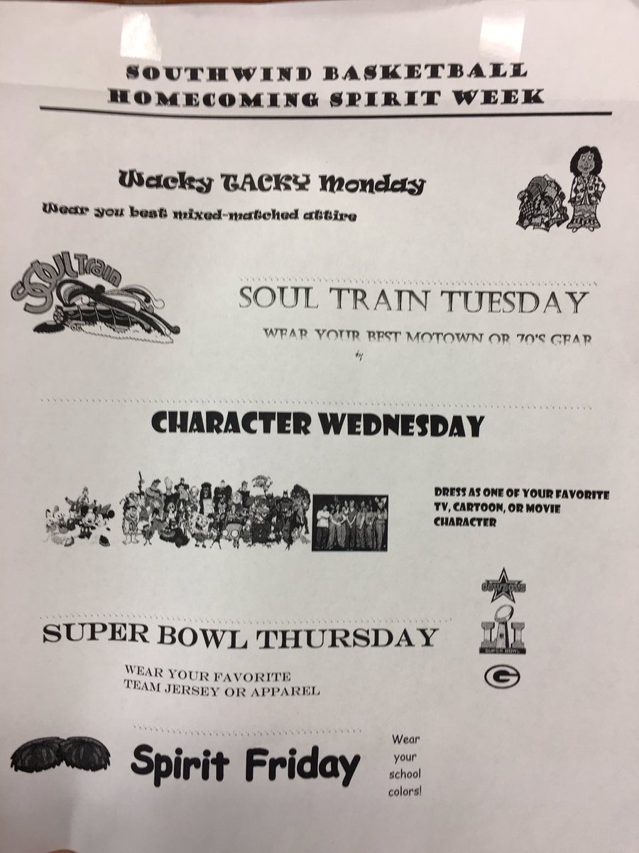 SgaSouthwind's tweet photo. SHS Homecoming week themes 🤗🤗 https://t.co/fjck9q9pOk