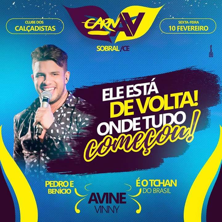 avinevinnyfc's tweet photo. Sexta-feira 10/02 no Clube dos Calçadistas de Sobral,Avine estará de volta à Cidade onde tudo começou! Vai ter #SurraDeSwing no #CarnAV https://t.co/j8Z7xO6k6H