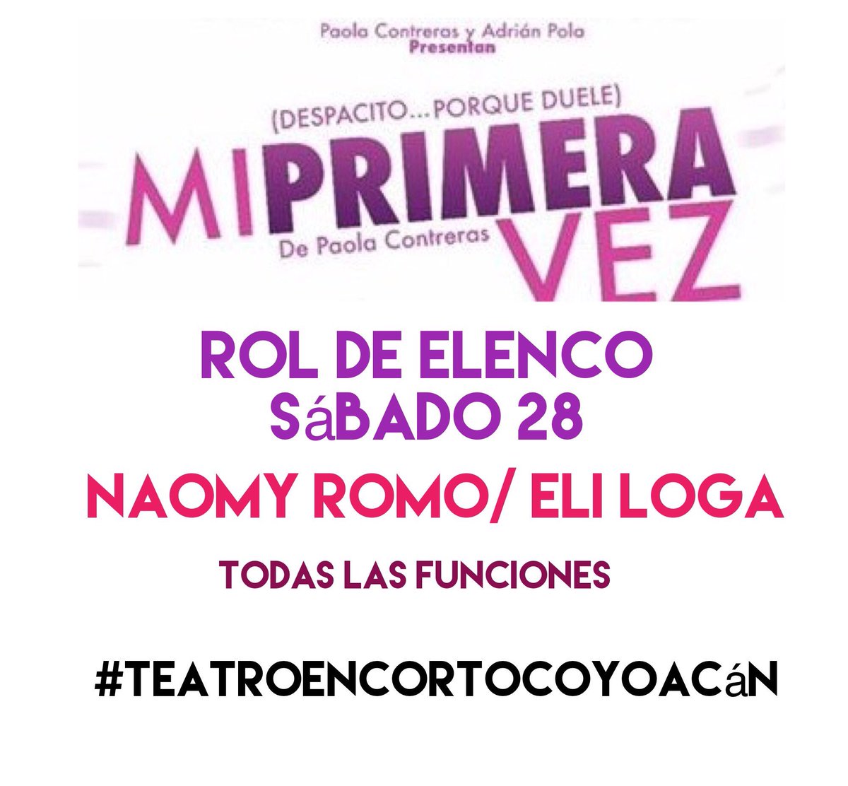 Hoy vengan a reír a carcajadas con esta comedia.Hoy <a href="/naomyromo/">Naomy Romo</a> y <a href="/EliLoga1/">Eli Loga</a> TODAS LAS FUNCIONES <a href="/TeatroEnCorto/">Teatro En Corto</a> #Coyoacán