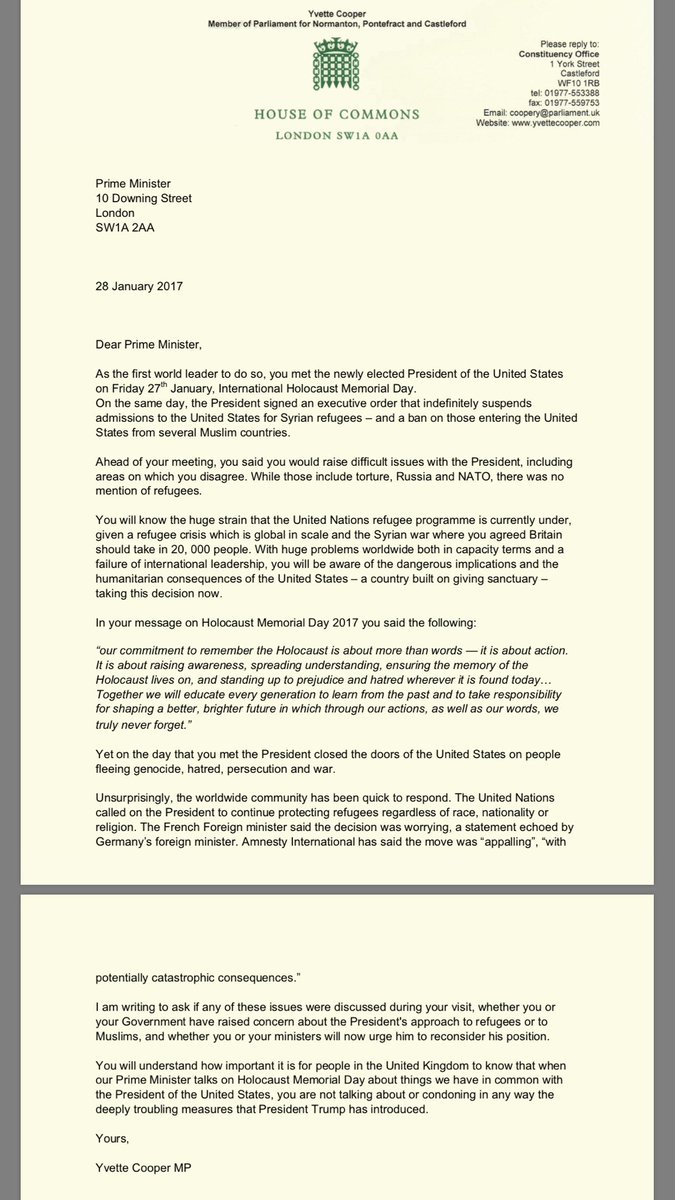 YvetteCooperMP's tweet photo. French &amp; German Govts have condemned Trump ban on refugees &amp; targeting of Muslims. Here's my letter to PM urging UK Gov't to do same https://t.co/EGxsjtAtKL