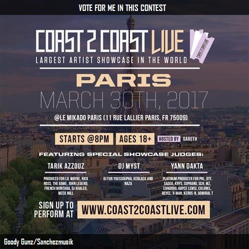 AudioTraffiker's tweet photo. I just voted for Goody Gunz/Sanchezmusik  to perform at #COAST2COAST Industry Mixer | #Paris Edition! http://c2c.f https://t.co/9I3hRS8iIM