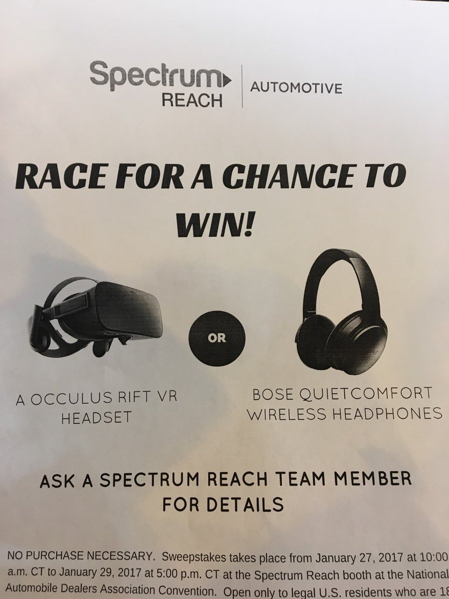 SpectrumReach's tweet photo. Are you at #NADA100? Stop by Booth 5215 for cool #virtual #racing experience🏎️ 🏁ENTER TO WIN #Spectrum100 Grand Prize #NADA2017 #NOLO https://t.co/HztmmXjNHW