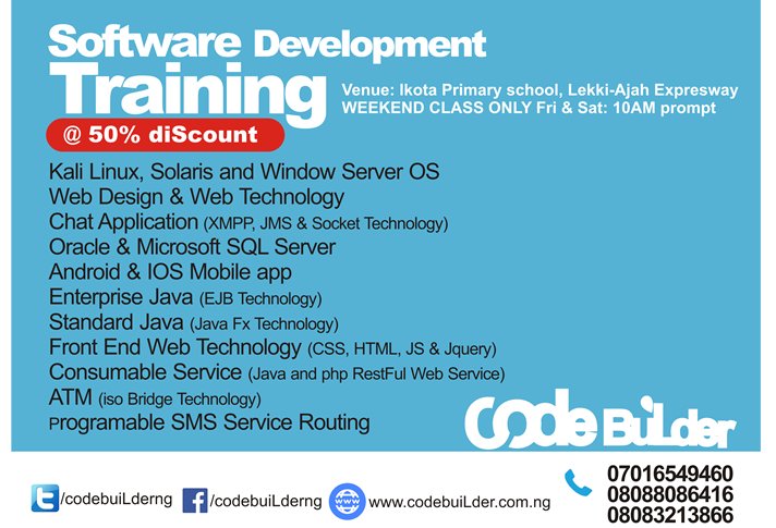 codeBuiLderng's tweet image. Join February 17th, 2017 class @ 50% discount. Check our courses online. To register visit codebuilder.com.ng. facebook.com/codebuilderng