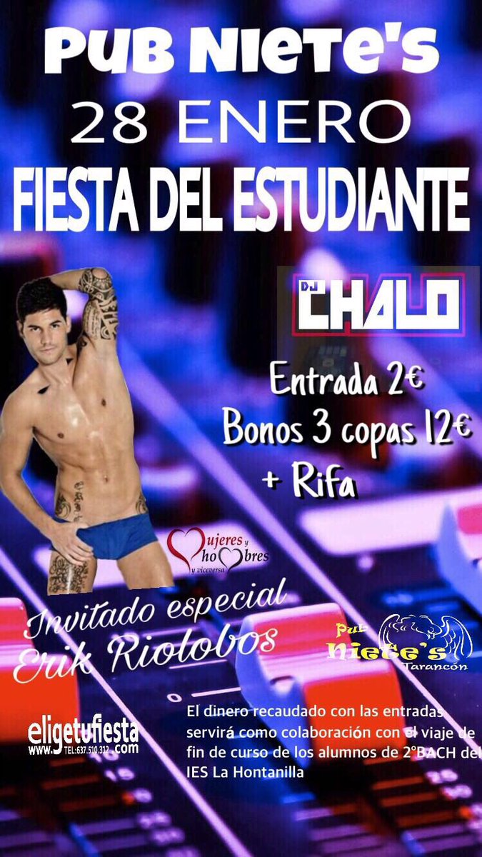 Esta noche nos vamos con el guapísimo de @ErikRiolobos extronista de #Myhyv a <a href="/PUBNIETES/">PUB NIETE'S</a>  #fiestaestudiante no faltes!!!
