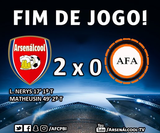 AFCPbi's tweet image. MAIS UMA E CONTANDO! Com gols de @Nerys_8 e @MatheusXavier26, o Arsenálcool F.C vence mais uma e segue evoluindo. #VamosAFC #SejaAFC