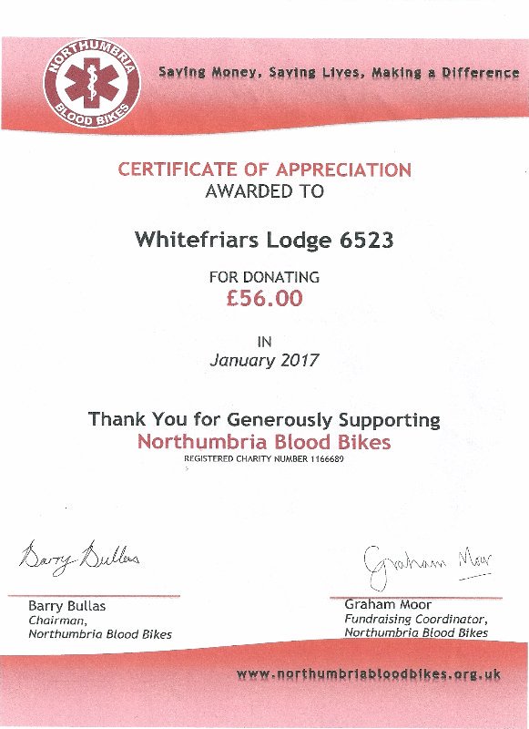 Well done to our WM, WBro Richard Hawthorne for donating the proceeds of our annual meeting raffle to the Northumbria blood bikes.