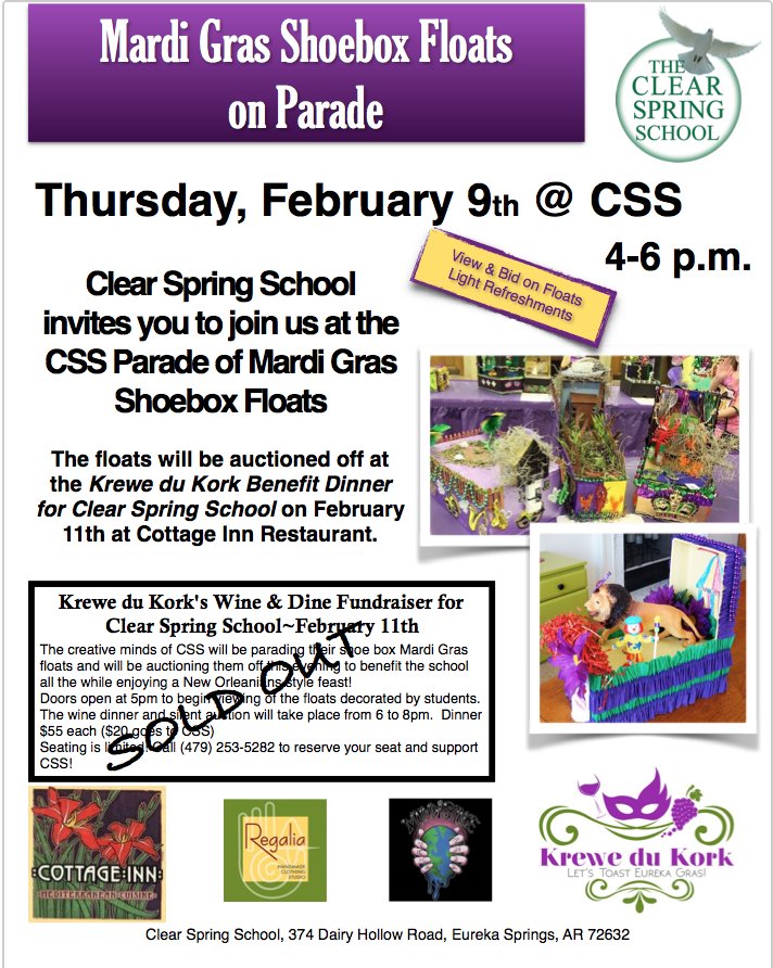ESClearSpring's tweet image. Shoebox Floats on Parade!! Join us 2/9 4-6pm to view and bid on #MardiGras Floats ~ light refreshments @ESClearSpring School #onlyineureka