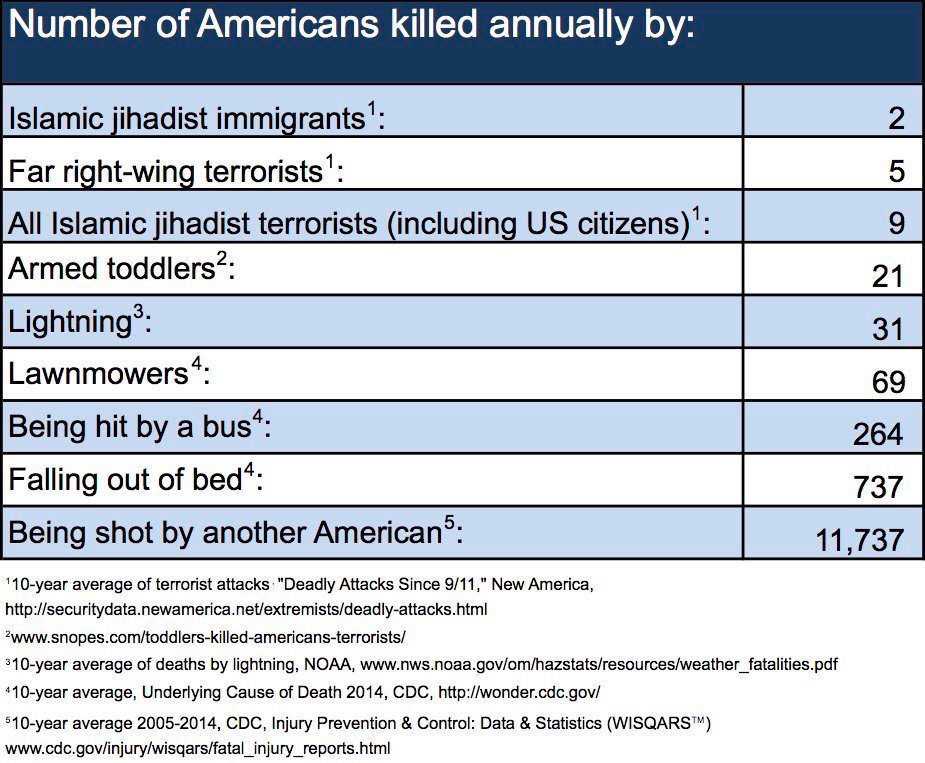 tacticalgrid's tweet image. Americans killed annually by terrorists: 16 
By armed toddlers: 21 
Shot by other Americans: 11,737  
#MuslimBan