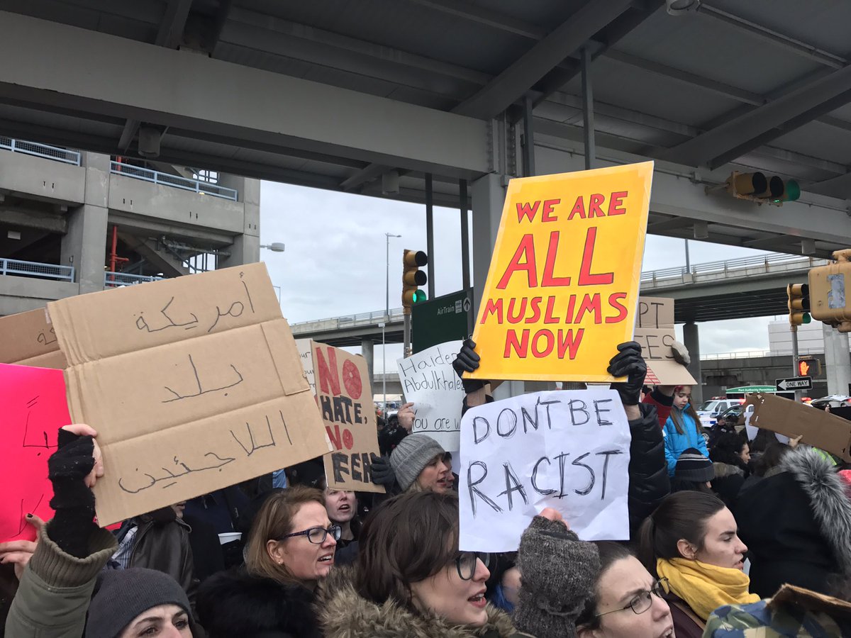 The crowd is growing. #NoMuslimBanJFK terminal 4 arrivals