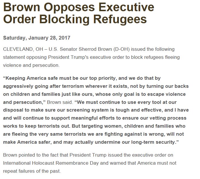 I oppose President Trump's exec order to turn our
backs on children &amp; families fleeing violence. My full statement: brown.senate.gov/newsroom/press…