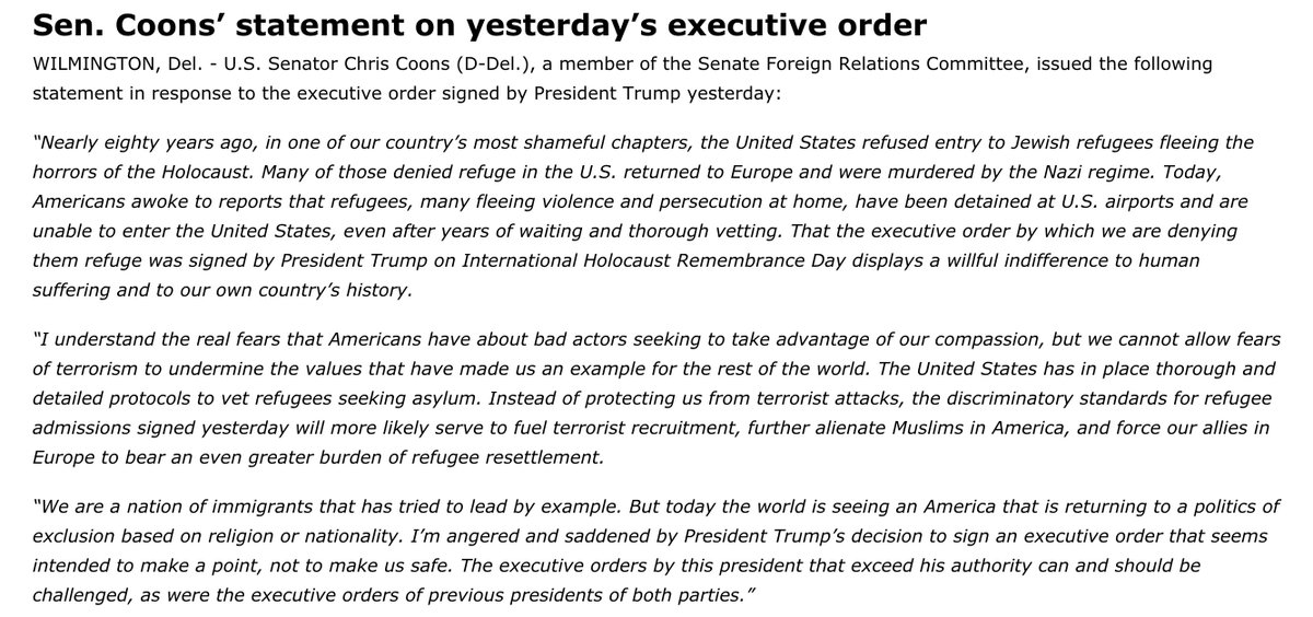 ChrisCoons's tweet photo. We're a nation of immigrants &amp; have tried to lead by example. But today the world sees America return to a politics of exclusion. My stmt: https://t.co/m2gXF0TumB